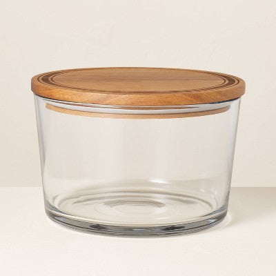 Set of 2 Glass Serve Bowl with Wood Lid
