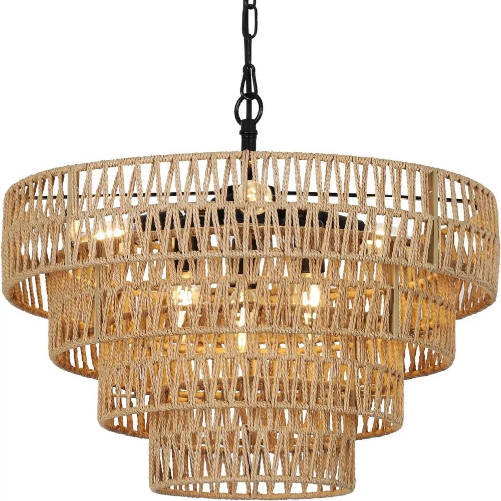 Rattan Shade Pendant Light, 6-Lights Boho Chandelier