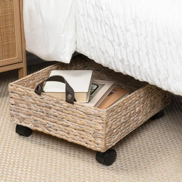 Adaline Classic Farmhouse Handwoven Hyacinth Rectangular Underbed Storage Bin with Wheels and Handles