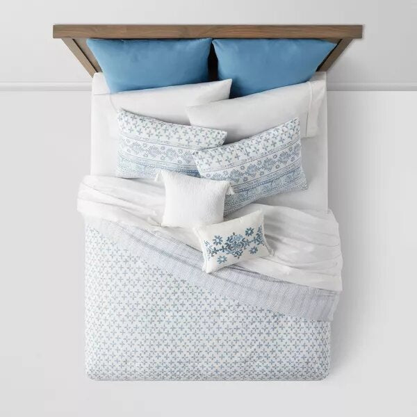 8pc Block Print with Border Comforter Bedding Set Light Blue - King