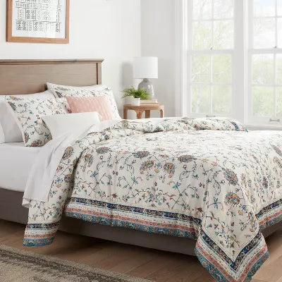 4pc Floral Border Print Comforter Bedding Set Blue/Pink/Yellow
