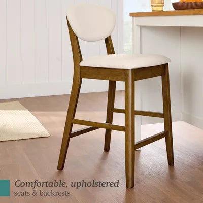 2-Piece Mid-Century Modern Wood and Upholstered Counter Height Bar Stool Set