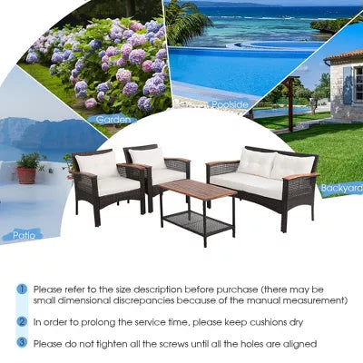 4PCS Patio Rattan Acacia Wood Furniture Set Cushion Sofa Armrest Deck