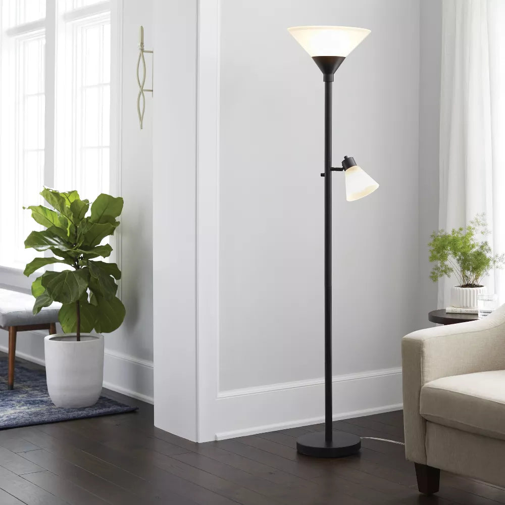 Mother Daughter Torchiere Floor Lamp Black with Glass Shade
