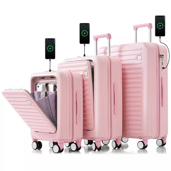 ABS Hard Shell Luggage Sets, Front Opening Suitcase with USB Port, Cup Holder and Spinner Wheels 4W