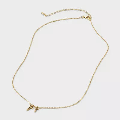14K Gold Dipped Cubic Zirconia Double Cross Pendant Necklace - Gold