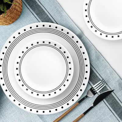 16pc Vitrelle City Block Dinnerware Set: Geometric Pattern, Service for 4, Includes Plates & Bowls, Dishwasher-Safe