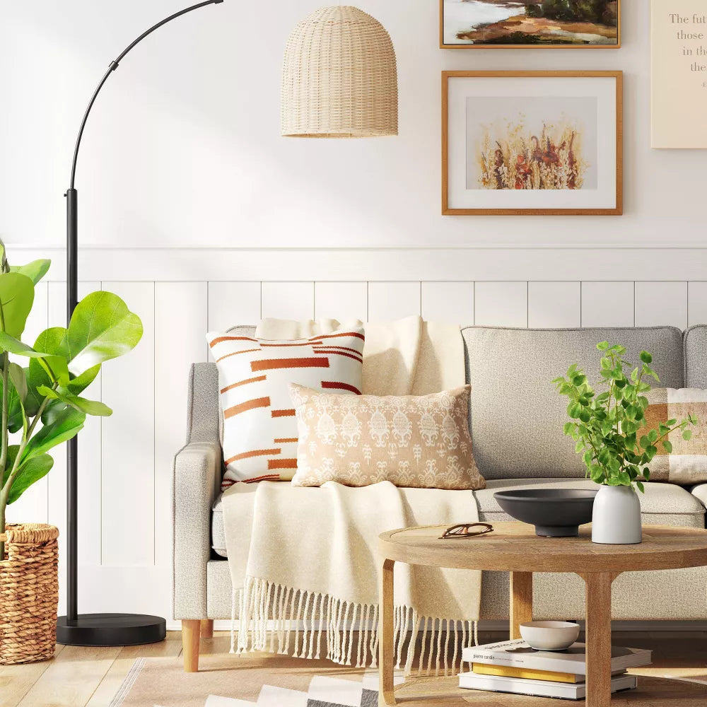 Addison Arc Floor Lamp with Natural Rattan Shade – Salvage & Co Indy