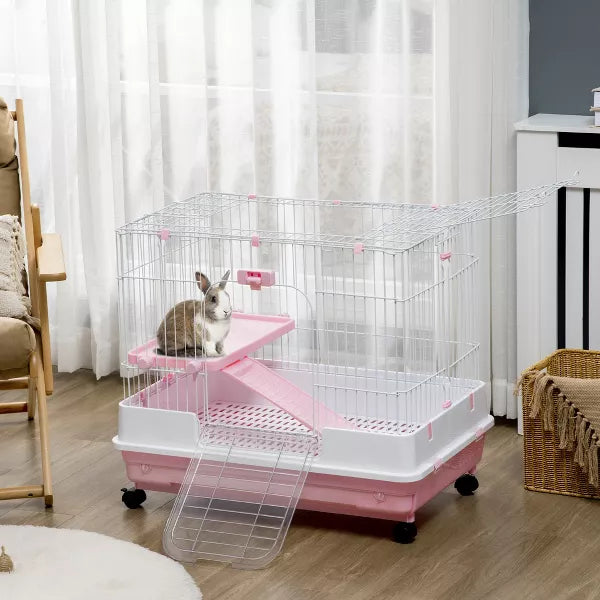 2-Level Small Animal Cage Rabbit Hutch with Wheels, Removable Tray, Platform and Ramp for Bunny, Chinchillas, Ferret