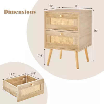 1/2 PCS Rattan Nightstand Boho Accent Bedside Table with 2 Storage Drawers Natural