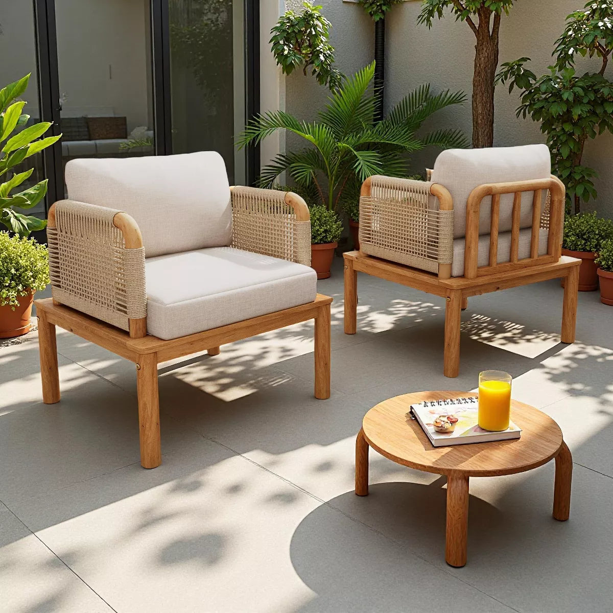 5-Piece Outdoor Patio L-Shaped Acacia Wood Rope Weave Sectional Sofa Set with 2 Chairs SHOWROOM ITEM