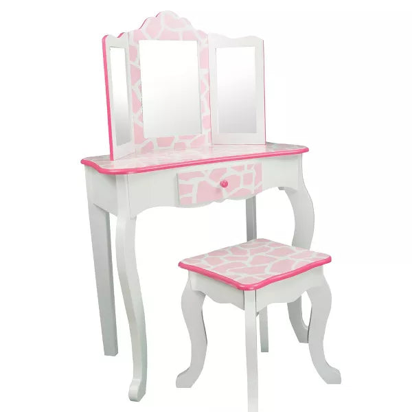2pc Gisele Giraffe Print Kids' Wooden Vanity Set Pink/White: Toddler Vanity, Childrens Bedroom Furniture