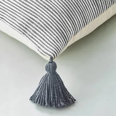 Woven Slub Stripe Throw Pillow with Tassels : Cotton, Indoor Use