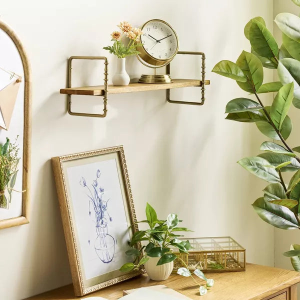 Turned Brass and Wood Wall Shelf