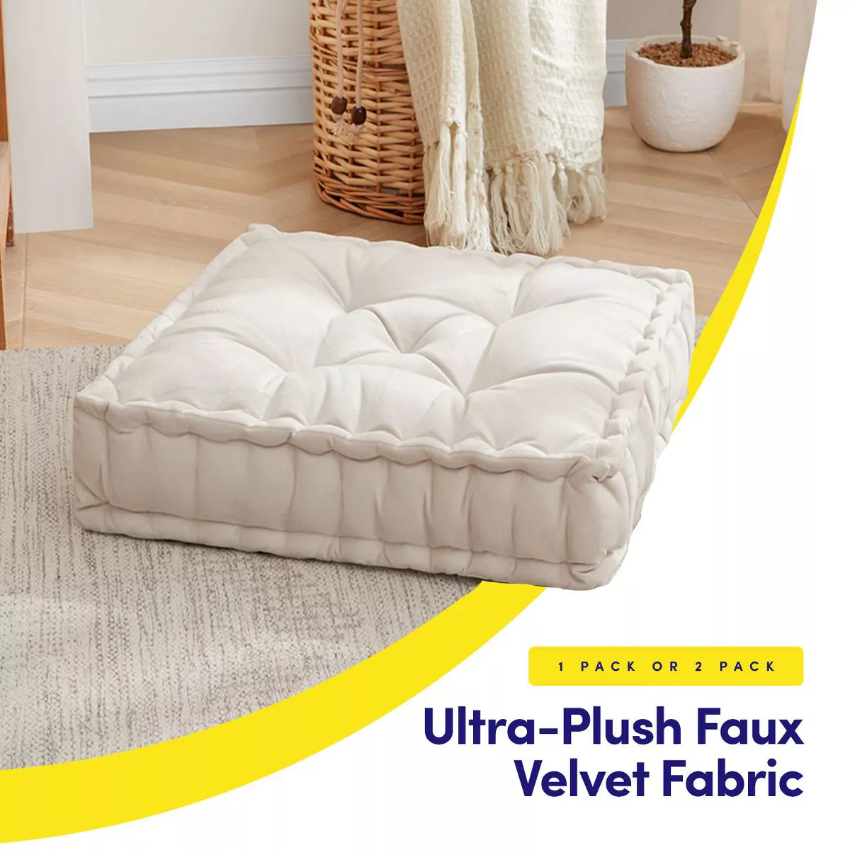 20"x20" Oversized Square Tufted Floor Pillow in Faux Velvet Fabric - Ivory SHOWROOM ITEM