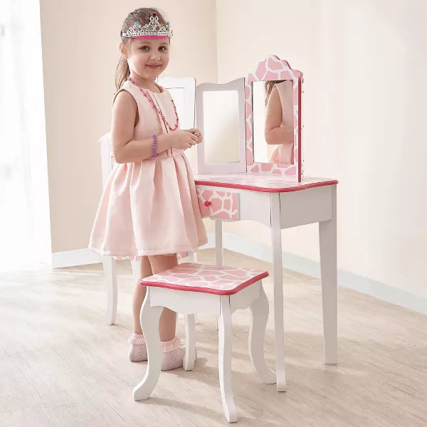 2pc Gisele Giraffe Print Kids' Wooden Vanity Set Pink/White: Toddler Vanity, Childrens Bedroom Furniture