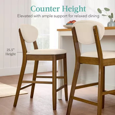 2-Piece Mid-Century Modern Wood and Upholstered Counter Height Bar Stool Set