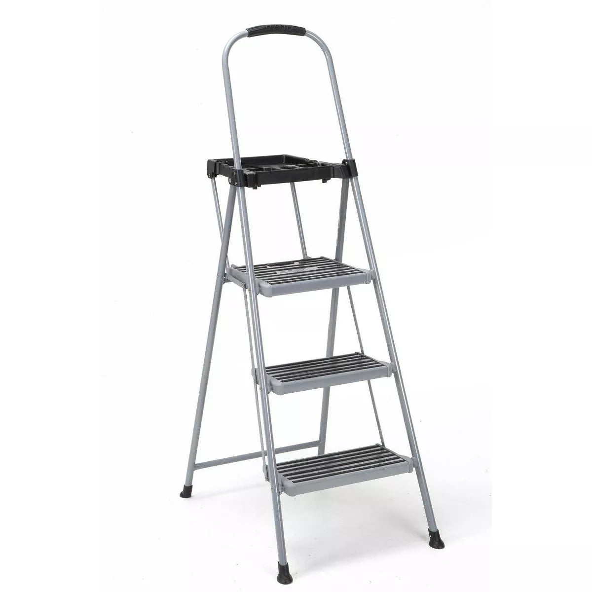 3 Step All Steel Step Stool with Tray: Folding Ladder, Silver, 3 Rungs