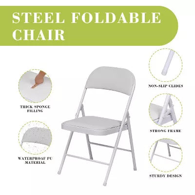 6 Pack Folding Chairs with Padded Seats, Metal Frame with Pu Leather Seat & Back, Capacity 350 lbs, White