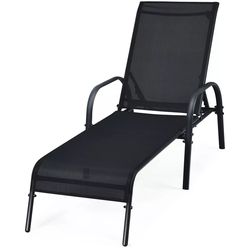 2PCS Outdoor Patio Lounge Chair Chaise Fabric Adjustable Reclining Armrest Black