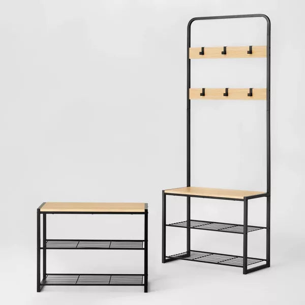 3 Tier Entry Bench with Hooks Black Metal with Natural Wood