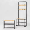 3 Tier Entry Bench with Hooks Black Metal with Natural Wood