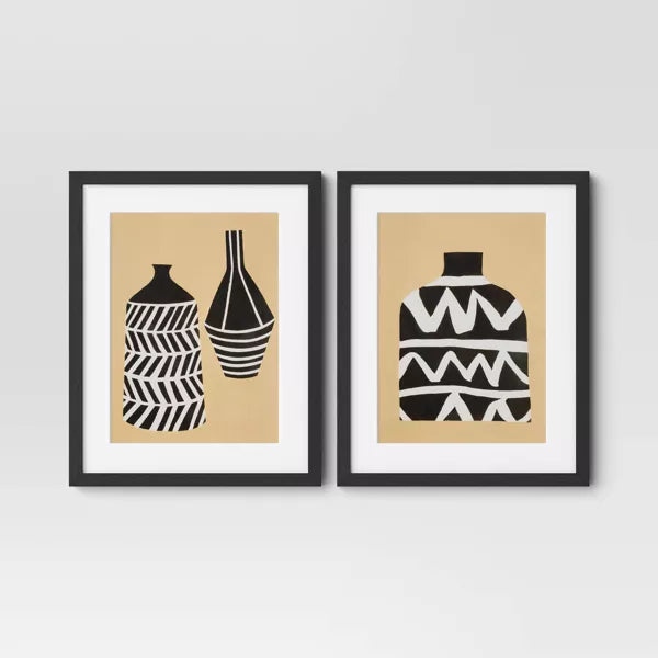 (Set of 2) Vase Set I and II Framed Decorative Wall Art Set with Mat -  Modern Bohemian Style