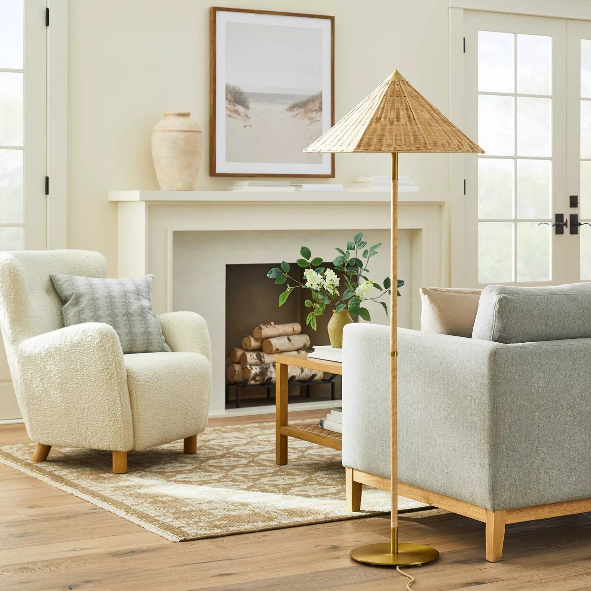 Floor Lamp Gold Iron with Tapered Rattan Shade - ETL Listed, Dimmable