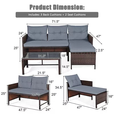 3PCS Patio Wicker Rattan Sofa Set Outdoor Sectional Conversation Set