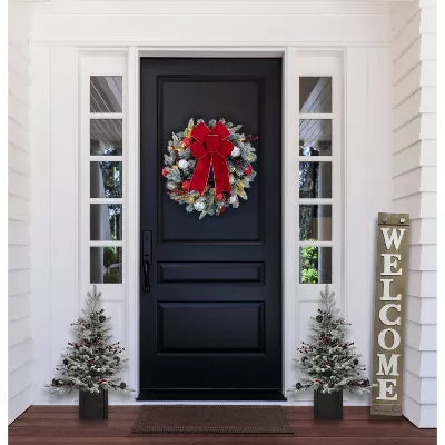 Unlit Flocked Stockhorn Artificial Christmas Tree: Pinecones, Berries, Sheltered Outdoor Use