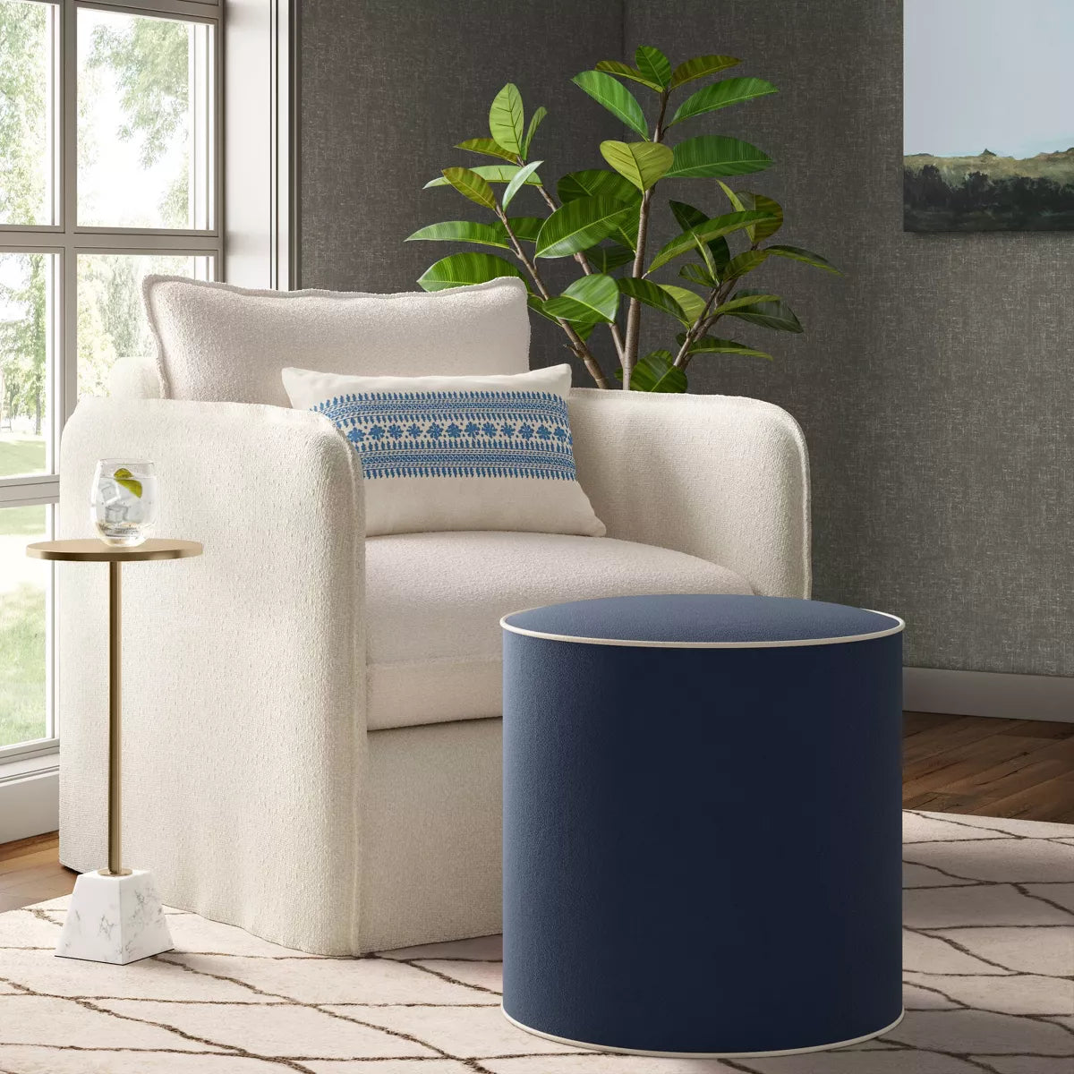 Contrast Welt Drum Ottoman in Velvet - Threshold™ - SHOWROOM ITEM