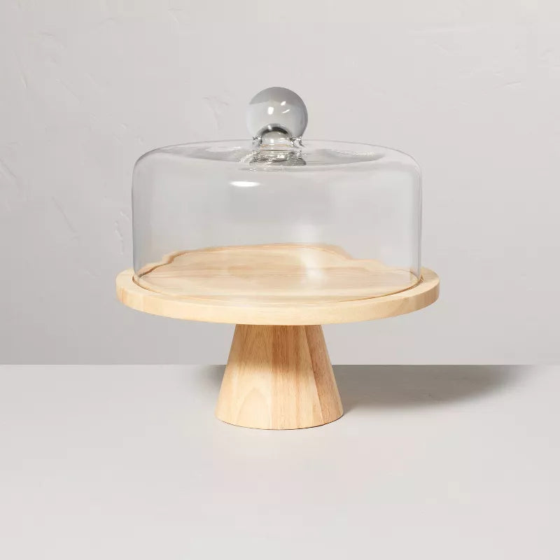 Wooden Cake Stand with Glass Cloche -  Rubberwood Pedestal, Farmhouse Style