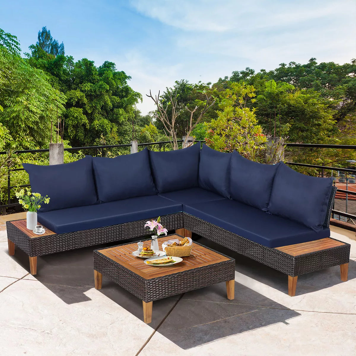 4PCS Patio Rattan Furniture Set Cushioned Loveseat w/Wooden Side Table - 3 BOXES