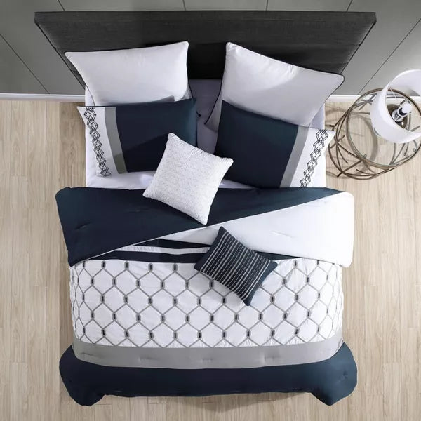 Ellison Embroidered Colorblock Comforter Bedding Set Dark Teal King