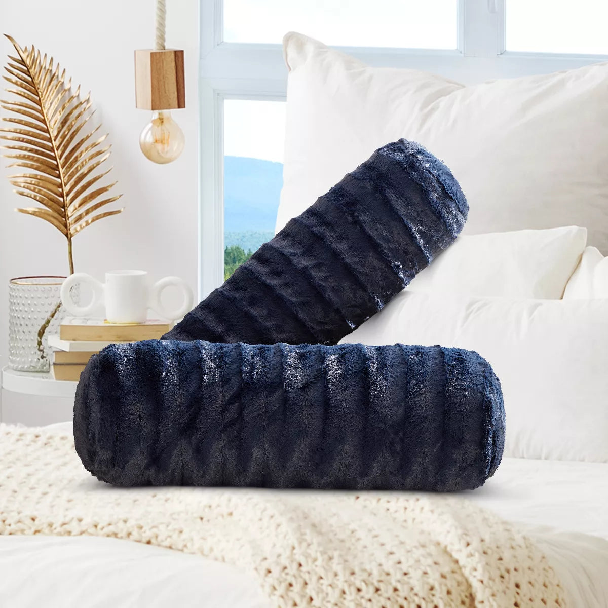 (Set of 2) Cheer Collection Decorative Faux Fur Bolster Pillows - Blue SHOWROOM ITEM