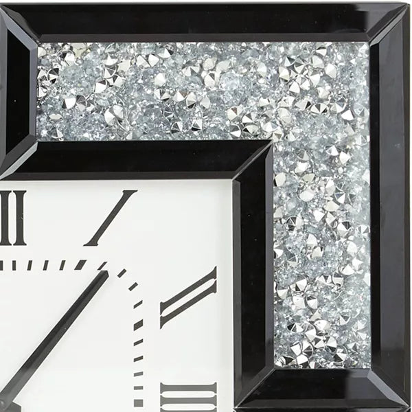 Glass Mirrored Wall Clock with Floating Crystals Black - Silent, Square, Glam Style Decor