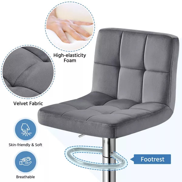 2pcs Adjustable Modern Velvet Swivel Bar Stool with Backrest And Large Pedestal Base