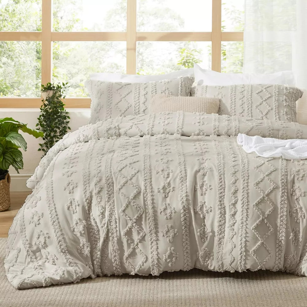 Tufted Boho Comforter Set Bed Set GentleSoft Farmhouse Shabby Chic Embroidery Bedding - Full
