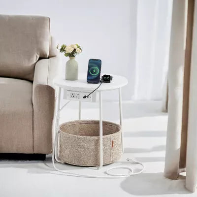 Side Table with Charging Station Drink Bedside Nightstand End Table