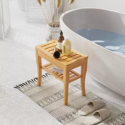 Long Bamboo Shower Bench Seat, Wooden Spa Shower Stool with Underneath Storage Shelf Shoe Organizer