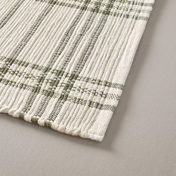 Tri-Stripe Plaid Handmade Woven Area Rug Green/Cream