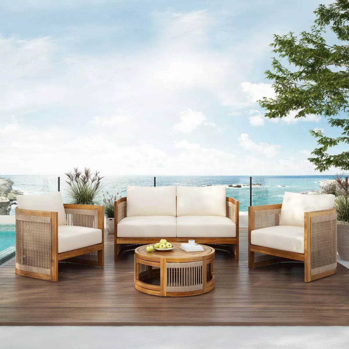 3-Piece Acacia Outdoor Furniture with Round Coffee Table and Rope Accents – Cuddlewood SHOWROOM ITEM
