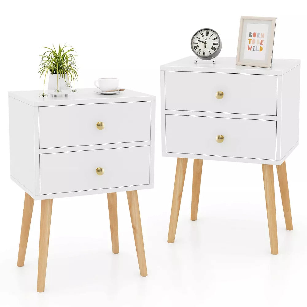 1-Piece Mid Century Modern 2 Drawers Nightstand Sofa Side End Table White