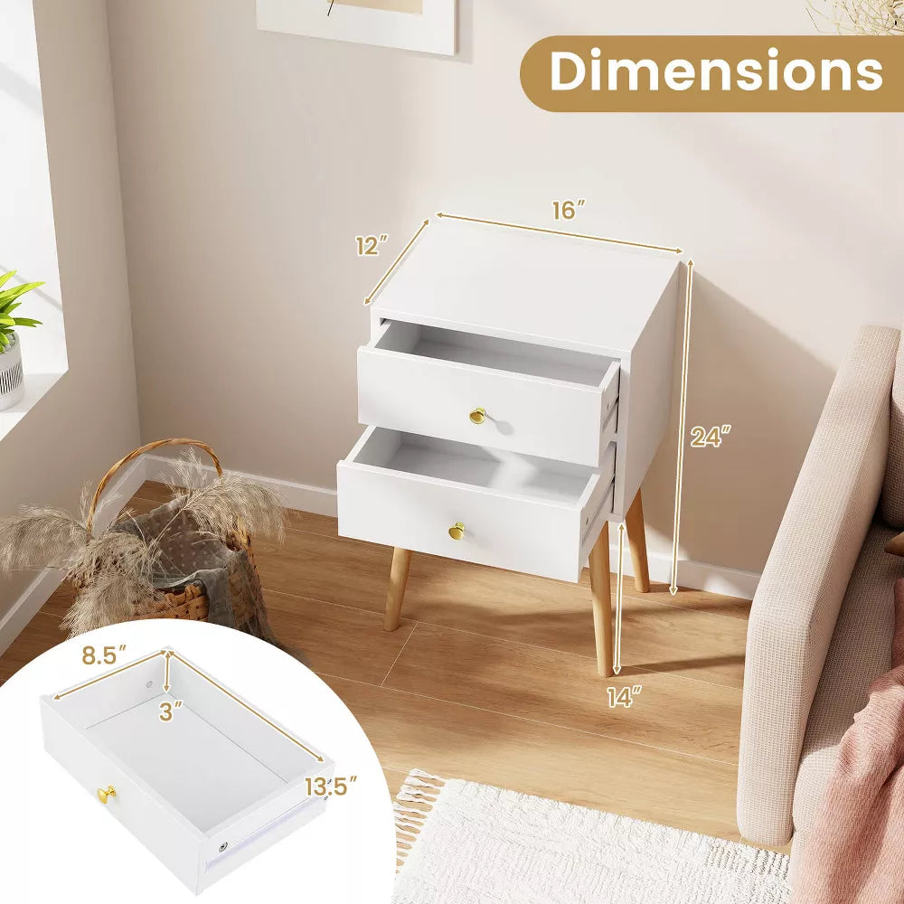 1-Piece Mid Century Modern 2 Drawers Nightstand Sofa Side End Table White