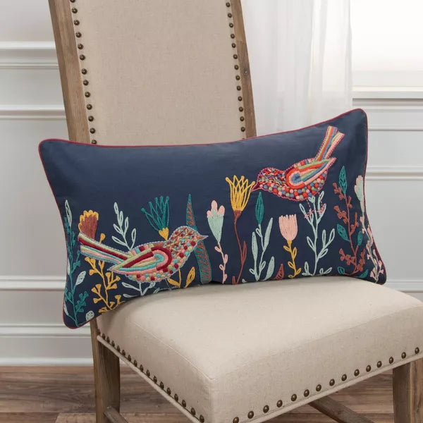 Oversized Poly Filled Botanical with Birds Lumbar Throw Pillow -  Embroidered, Cotton Canvas