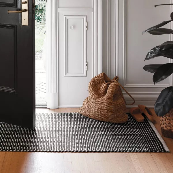Hand Woven Cotton/Wool Runner Black - Stripe Pattern 2'x7'