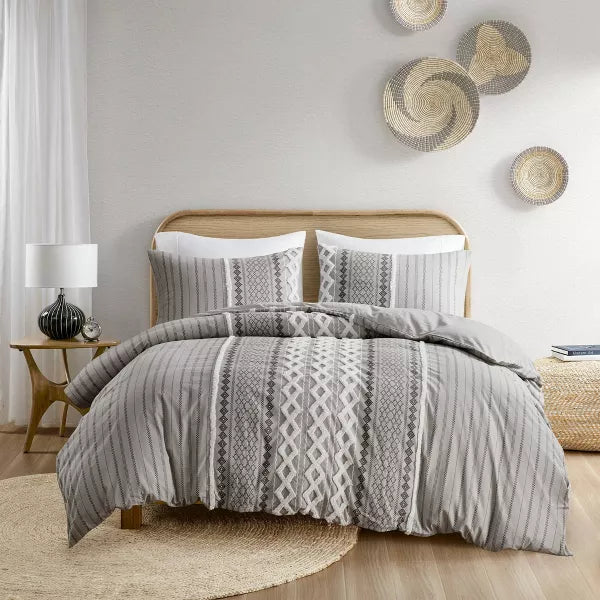 3pc Imani Cotton Printed Duvet Cover Set with Chenille - King/California King