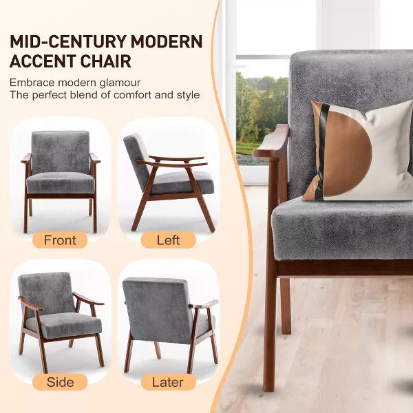 Mid-Century Accent Chair with Solid Wood Frame and Extra-Thick Backrest