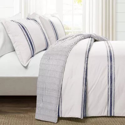 3pc California King Farmhouse Stripe Reversible Oversized Cotton Comforter Set Navy Blue: Machine Washable, OEKO-TEX Certified