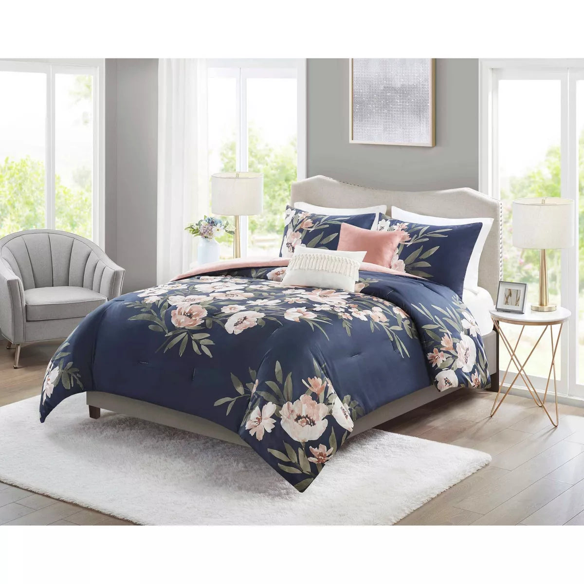 Leilani Floral Print Comforter Bedding Set Navy/Blush - King